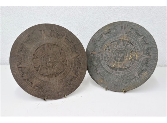 Two Aztec Bass Relief Sun Stone Calendar Decorative Wall Medallions