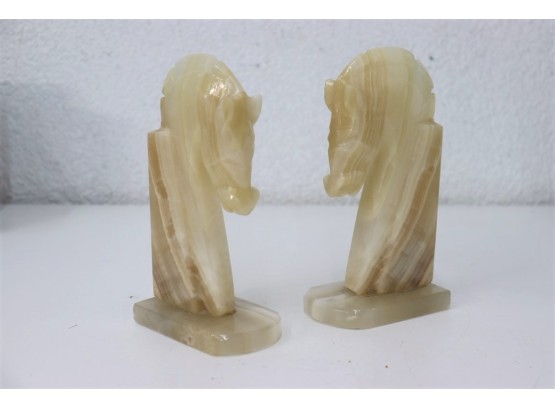 Pair Of Vintage Carved Onyx Stone Horse Head Bookends