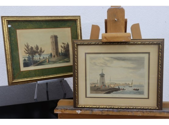 Two Elegantly Framed Vintage English Prints - Harwich In Essex And Nelson's Tower