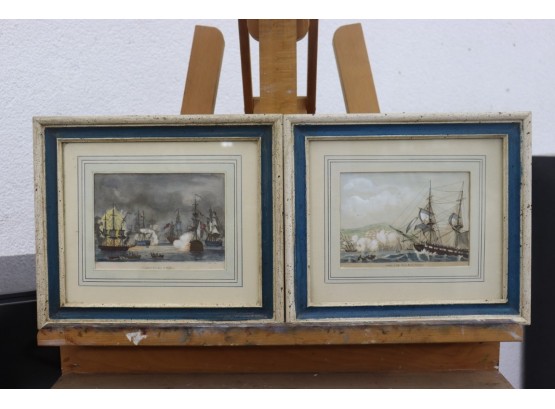 Pair Of Vintage Naval Battle Scene Prints - Iles D'Hyeres And Algers(Algiers)