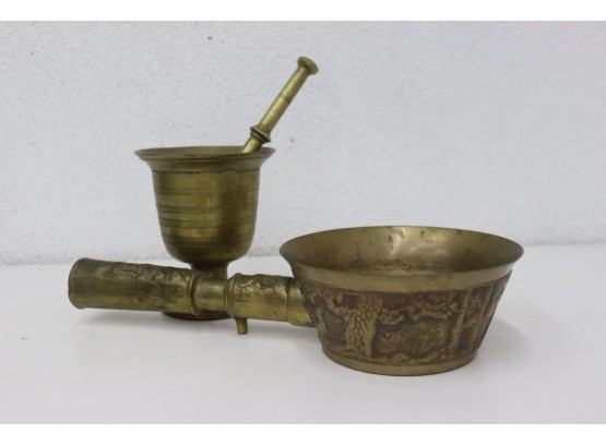 Vintage Brass Lot: Korean Silk Iron With Wrap Around Low Relief And Footed Mortar And Tapered Pestle