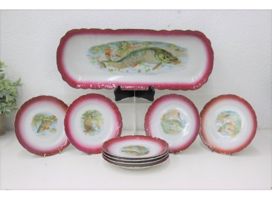 Stunning J&S Germain Porcelain Magenta Ombre Oblong Fish Service Tray With Suite Of 8 Matching Plates