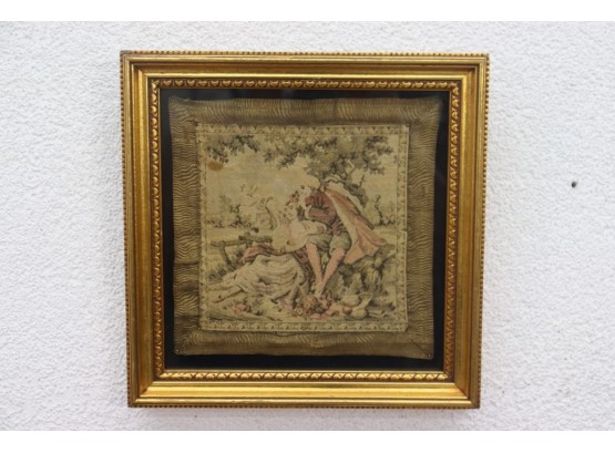 Vintage Pastoral Courting Scene Miniature Fine Needlepoint Tapestry
