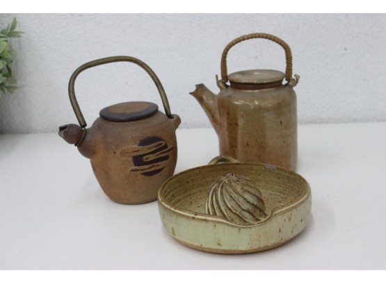 Two Craft Earthenware Teapots And A Citrus Juicer  - Both Spouts On Teapots Are Chipped