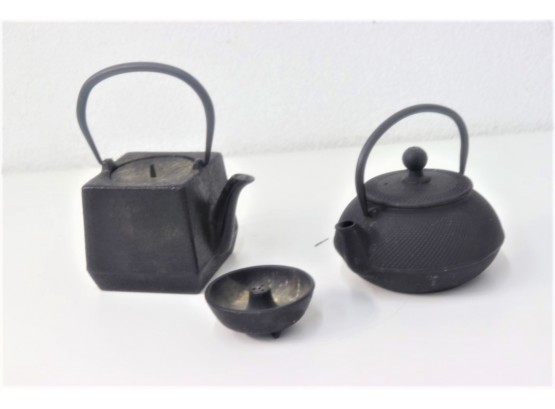 3 Metal Aisan Items. 2 Tea Pots And A Strainer. 1 Signed