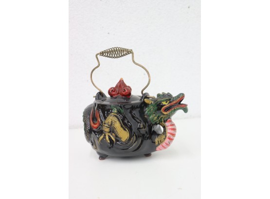 Angry Crouching Dragon Painted Terra Cotta Teapot (break/piece Missing From Inner Rim Of Lid)