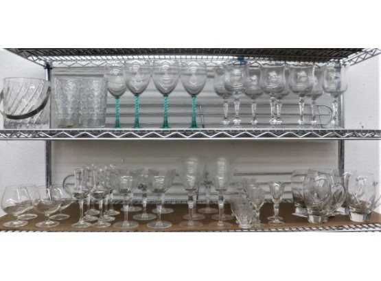 Two Shelf Lot Of Festive And Glassware For Wine And Spirits