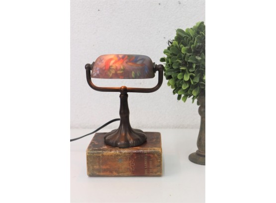 SuperSmall Art Nouveau Style Painted Glass Capsule Lamp On Bronze Swivel Base (one Crack In Bottom Of Base)
