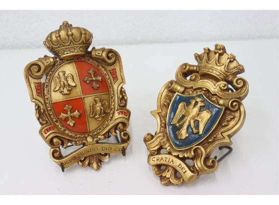 A Pair Of Painted Noble Family Crest Sculptural Plaques . Ceramic