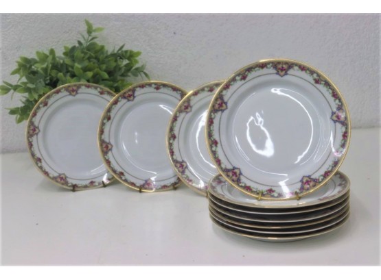Ten H&C Selb Bavaria Porcelain Plates In Gold Rim Swag Pink Blue Flowers Pattern