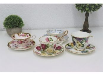 Four Flower And Gold Rim Bone China Tea Cups And Saucers - Royal Albert And Regency