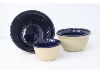 Set Of Three Nesting Bowls From The Great American Stoneware Factory -  Inside Cobalt Glaze
