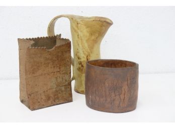 Vintage NBP & Berg Signed Craft Ceramic Group Lot: NBP Paper Bag Vase & C Handle Ewer And Berg Oval Vessel