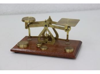 Vintage Warranted Accurate Brass Wood Postal Scale And 3 Weights Made In England
