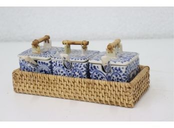 Blue & White Triple Sauce/Spice Lidded Jars With Spoons In Reed Caddy
