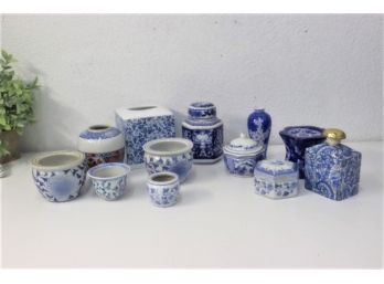 Group Lot Of Porcelain Small Vases, Pots, Vessels - Variations On A Blue & White Theme