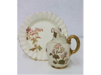 Royal Worcester Hand Painted Gilded Porcelain Ewer (date Code:1890) And Gilt Plate Ruffled Scalloped Edge