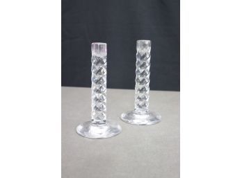 Exquisite Pair Of Orrefors Crystal Stacked Diamond Hex-Column Candlesticks, Etched Signed And Coded Bottom