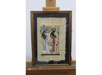 Isis & Nefertiti Egyptian Hand Painted On Papyrus Paper, Framed And Signed With Statement Verso In Arabic