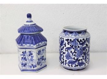 Pair Of Blue & White Porcelain Vase Vessels - Pagoda Lid Is 12'H And Flare Rim/No Lid Is 9'H