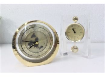 Two Vintage Seiko Desk Clocks: Modernist Pendulum In Lucite And Brass Ring GMT DATE LINE Time Zone