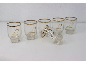 Six Vintage Gold Band Monogram Shot Glasses