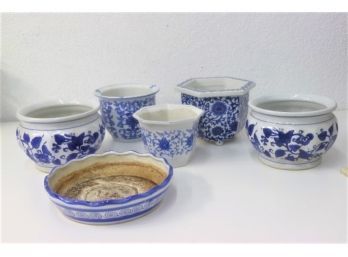Nice Group Of Blue & White Porcelain Cachepots/Planters And A Water Saucer