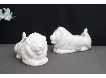 Pair Of White Ceramic Lion Tabletop Planters - Wanamaker Sticker Underneath