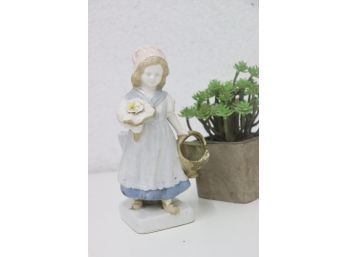 Vintage Flower Girl With Basket Porcelain (8') Figurine Vase - Marked On Bottom