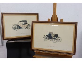 Two Vintage Clarence P.  Hornung Antique American Automobile Prints - Framed, One Signed