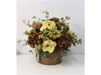 Lovely Autumn Faux Floral Bouquet In Hammered Brass Round Container