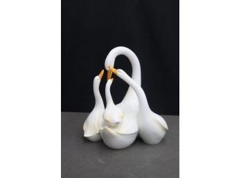 Italian Ceramic Mother Swan Feeding Three Cygnets Figurine