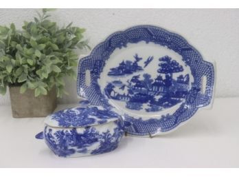 Superb Victoria Ironstone Flow Blue Small Tureen And Generous Serving Tray