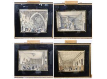 Four Hand Colored Prints Of Elizabethan Castle And Court Scenes, Black Matte In Gold Frames