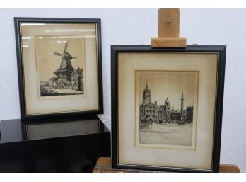 Old World Etching Signed, Framed Prints: Old Mill By James P. Power & St. Georges Square By Tom Maxwell