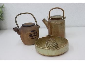 Two Craft Earthenware Teapots And A Citrus Juicer  - Both Spouts On Teapots Are Chipped