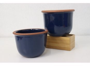 Two Portuguese Blue Glazed Clay Planters - One 4 Inch And One 5 Inch