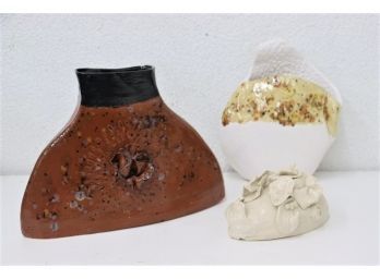 Hand Worked Dramatic Ceramic Trio: Two Vases And An Organic Garden Abstraction