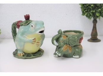 Giant PED Frog Meets Failing To Thrive Elephant Ceramic Figural Planter  And Pot Set
