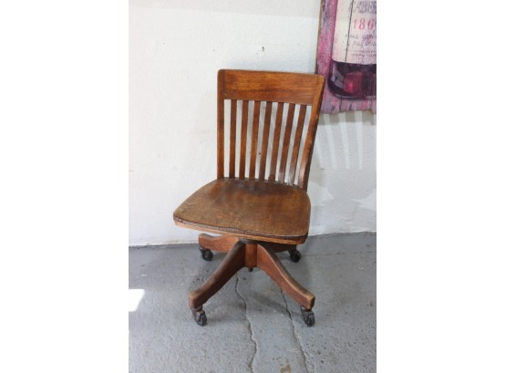 Vintage Wood Slat Academy Chair On Casters And Tilt/Swivel Base