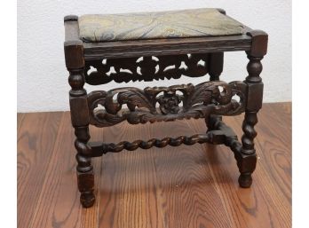 Spanish Revival Style Barley Twist Rectangular Wooden Carved Stool