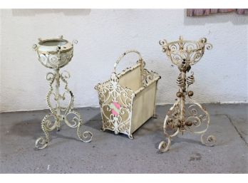 Vintage Patina Cast Iron Grouping: Two Art Nouveau Inspired Rococo Planters & White Scroll Magazine Rack