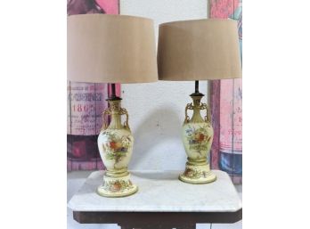 Lovely Pair Of Hand-Embossed Floral Urn Vase Lamps No Finials
