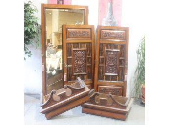 Group Of Crafted Wood Furniture Parts - Big Mirrored Door, Set Of Matching Doors, Double Scroll Cornices