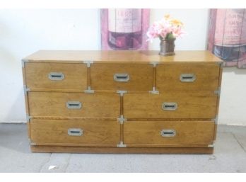 MCM Seven Drawer Oak Campaign Style Low Chest With Corner Brackets And Inset Plaque Pulls
