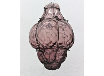 1 Of 2 Lavender Caged Mouth-Blown Murano Glass Pendant Lantern, 17' (no Wiring, Pendant Only)