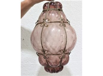 2 Of 2 Lavender Caged Mouth-Blown Murano Glass Pendant Lantern, 15.5' (no Wiring, Pendant Only)