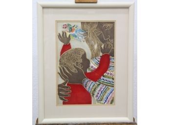 Serigraph Of Portrait Mother, Child, Bird, And Sweater