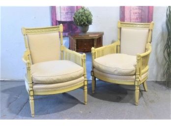 Pair Of French Provincial Style Cane Side Arm Chairs In Rusticated Butter Yellow Finish