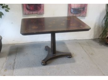 Vintage Tripod Footed Game Table With Gold Stencil Wreaths And Borders Over Dark Stain